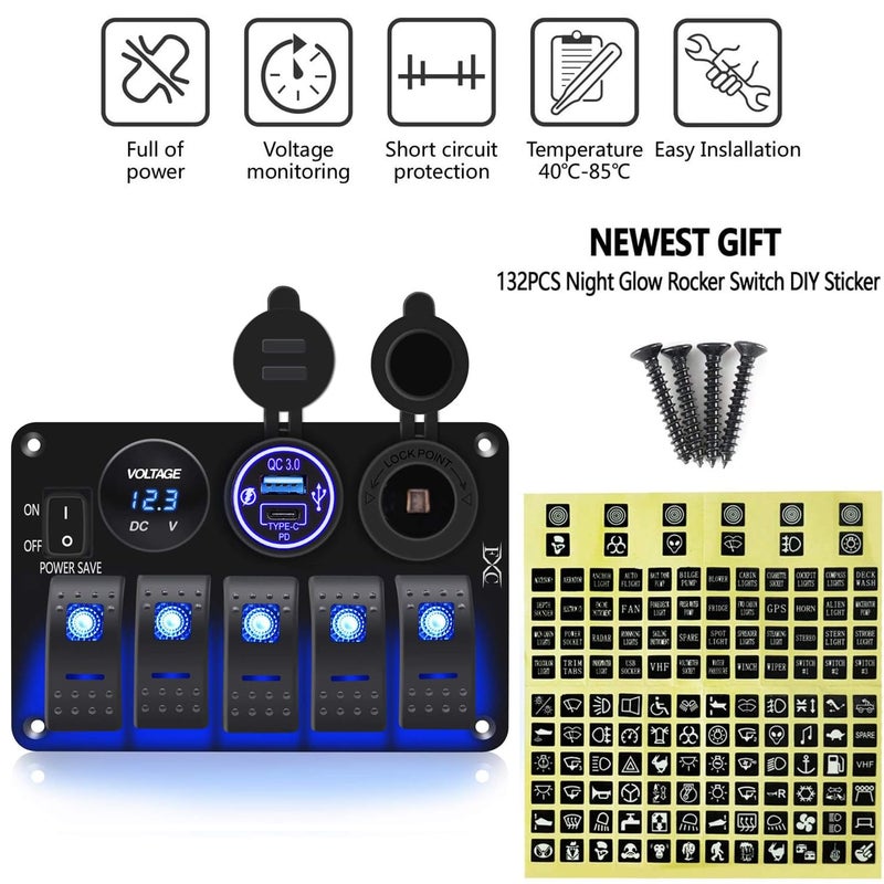 FXC Waterproof Rocker Switch Panel 5 Gang with QC3.0 USB & Type-C Slot Socket + Cigarette Lighter +LED Voltmeter with Power Save for Car Rv Marine Boat Truck(5Gang Blue LED) - Image 3