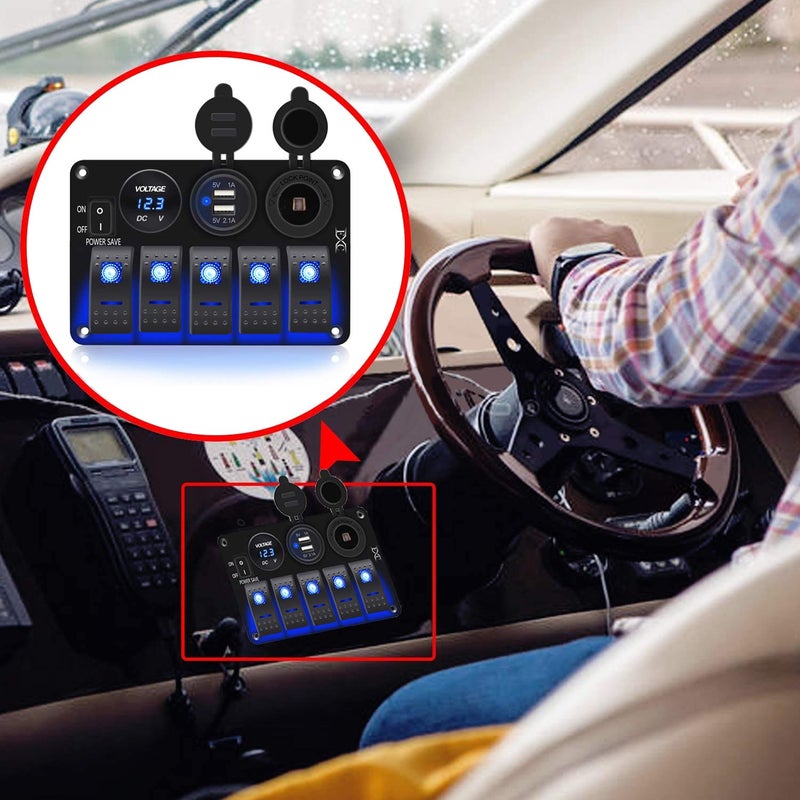 FXC Waterproof Rocker Switch Panel 5 Gang with QC3.0 USB & Type-C Slot Socket + Cigarette Lighter +LED Voltmeter with Power Save for Car Rv Marine Boat Truck(5Gang Blue LED) - Image 5