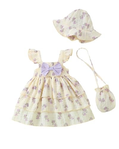 SODLON Baby Girl Clothes 12 18 Months Baby Dress Summer Infant Sleeveless Three Layers Dresses Ruffle Smocked Beige Purple Floral Princess Dress Cute Boho Outfits Beach Casual Sundress with Hat - Image 1