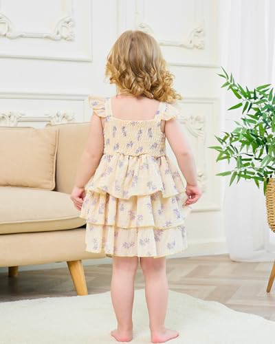 SODLON Baby Girl Clothes 12 18 Months Baby Dress Summer Infant Sleeveless Three Layers Dresses Ruffle Smocked Beige Purple Floral Princess Dress Cute Boho Outfits Beach Casual Sundress with Hat - Image 4