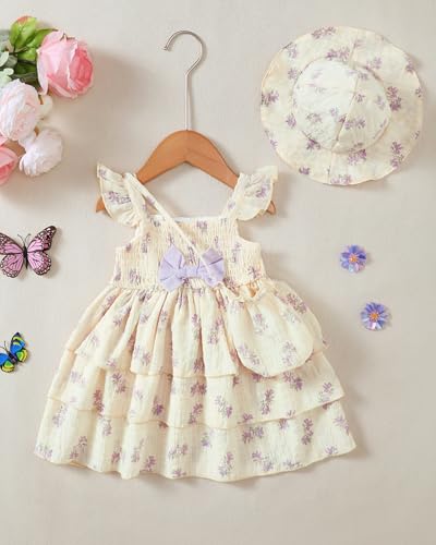 SODLON Baby Girl Clothes 12 18 Months Baby Dress Summer Infant Sleeveless Three Layers Dresses Ruffle Smocked Beige Purple Floral Princess Dress Cute Boho Outfits Beach Casual Sundress with Hat - Image 5