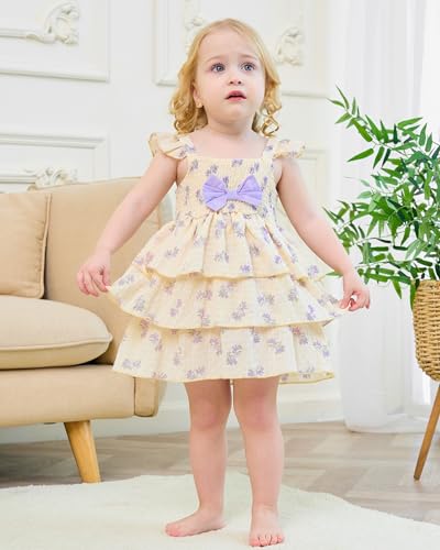 SODLON Baby Girl Clothes 12 18 Months Baby Dress Summer Infant Sleeveless Three Layers Dresses Ruffle Smocked Beige Purple Floral Princess Dress Cute Boho Outfits Beach Casual Sundress with Hat - Image 3