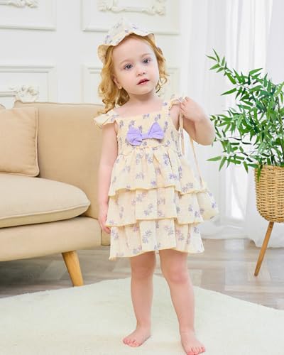 SODLON Baby Girl Clothes 12 18 Months Baby Dress Summer Infant Sleeveless Three Layers Dresses Ruffle Smocked Beige Purple Floral Princess Dress Cute Boho Outfits Beach Casual Sundress with Hat - Image 2