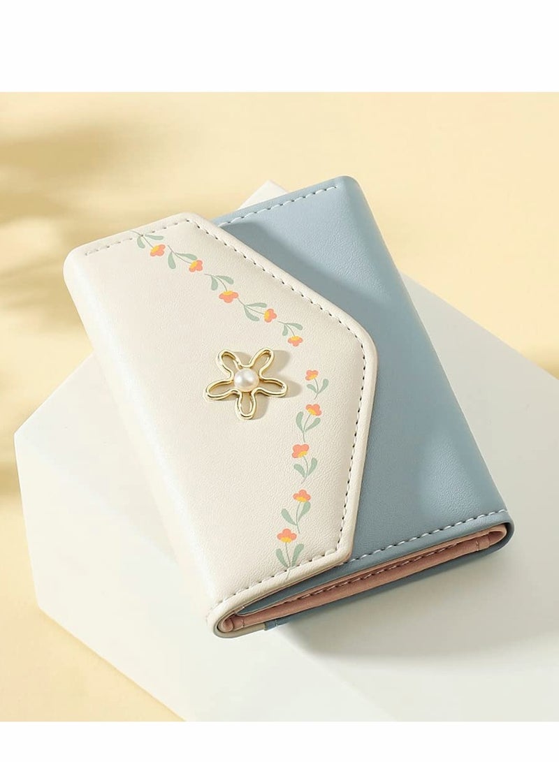 إكسفور محافظ نسائية للفتيات مزينة بالزهور، محفظة نقود، جيب للزهور، حاملة بطاقات، حقيبة نقود مع نافذة هوية أنيقة وشبابية وجميلة، زرقاء - Image 5