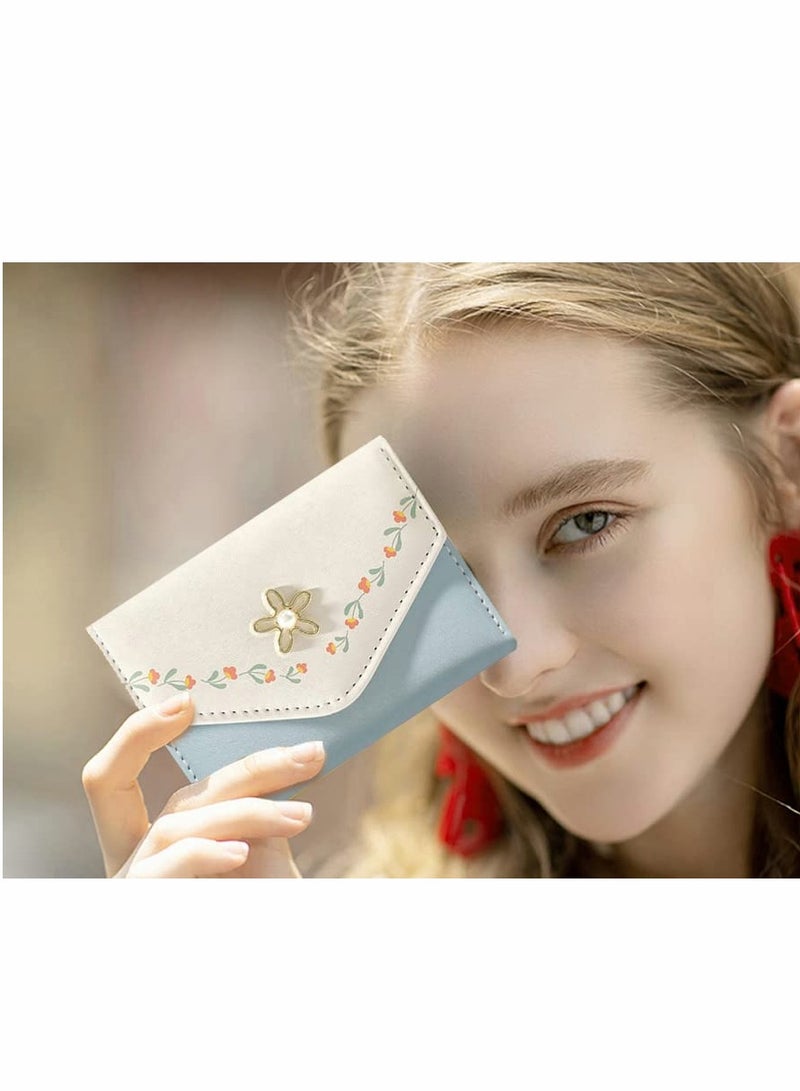 إكسفور محافظ نسائية للفتيات مزينة بالزهور، محفظة نقود، جيب للزهور، حاملة بطاقات، حقيبة نقود مع نافذة هوية أنيقة وشبابية وجميلة، زرقاء - Image 4