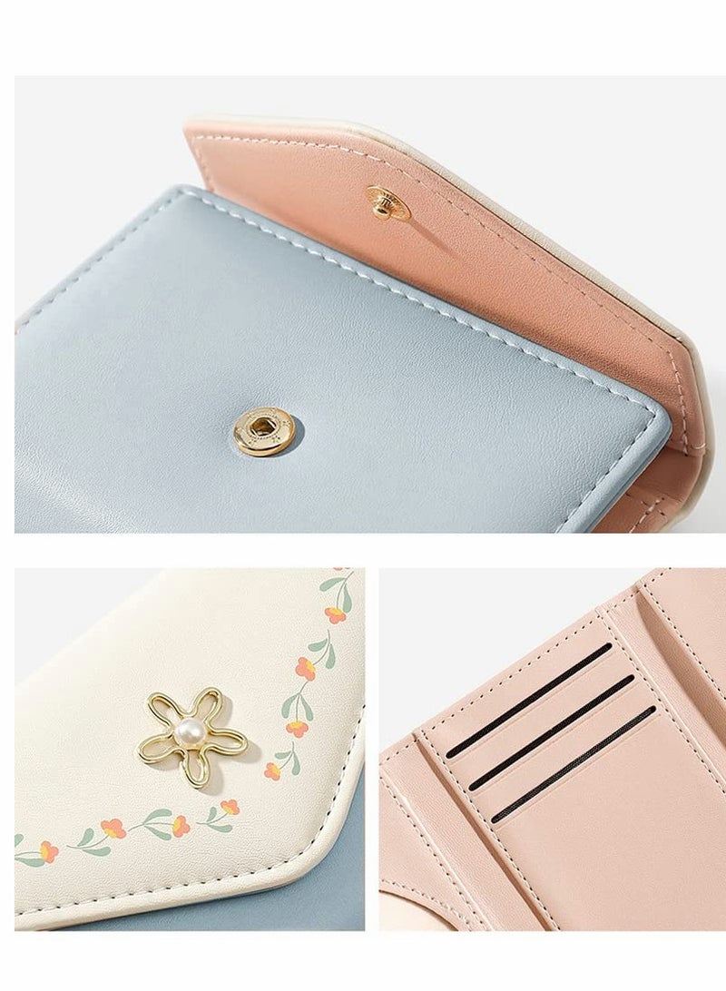 إكسفور محافظ نسائية للفتيات مزينة بالزهور، محفظة نقود، جيب للزهور، حاملة بطاقات، حقيبة نقود مع نافذة هوية أنيقة وشبابية وجميلة، زرقاء - Image 3