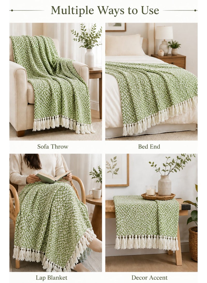 Woven Throw Blanket – 100% Cotton, 127 × 154 cm – Soft Lightweight Textured Blanket with Decorative Tassels for Sofa, Bed & Home Décor - Image 3