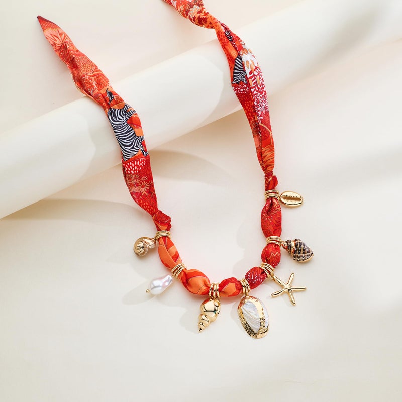 WOWORAMA Red Scarf Necklace for Women Summer Bandana Necklaces with Starfish Seashell Charm Necklace Boho Large Shell Beach Vacation Necklaces Jewelry - Image 3