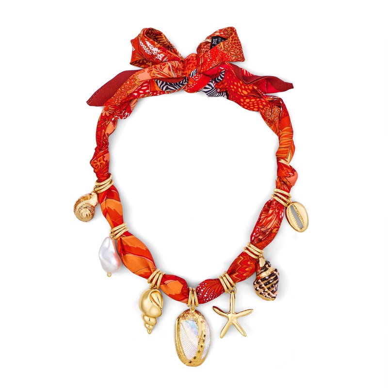 WOWORAMA Red Scarf Necklace for Women Summer Bandana Necklaces with Starfish Seashell Charm Necklace Boho Large Shell Beach Vacation Necklaces Jewelry - Image 1