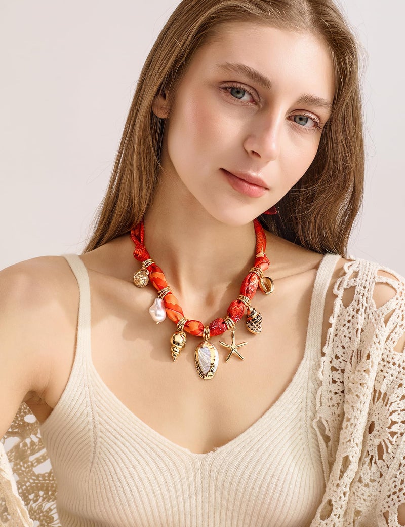 WOWORAMA Red Scarf Necklace for Women Summer Bandana Necklaces with Starfish Seashell Charm Necklace Boho Large Shell Beach Vacation Necklaces Jewelry - Image 2