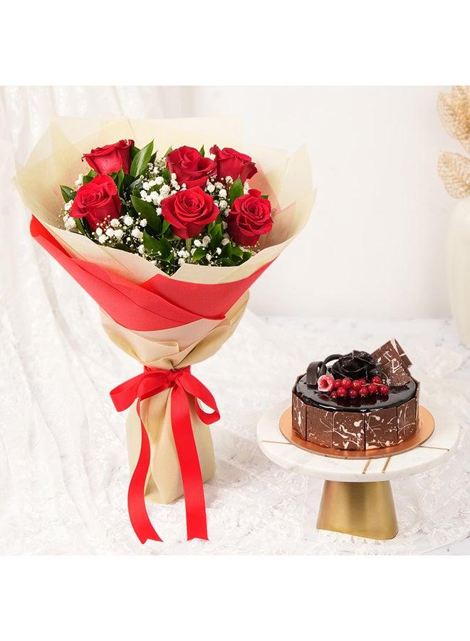 Ferns N Petals Elegant Rose Bouquet With Chocolate Cake - Image 1