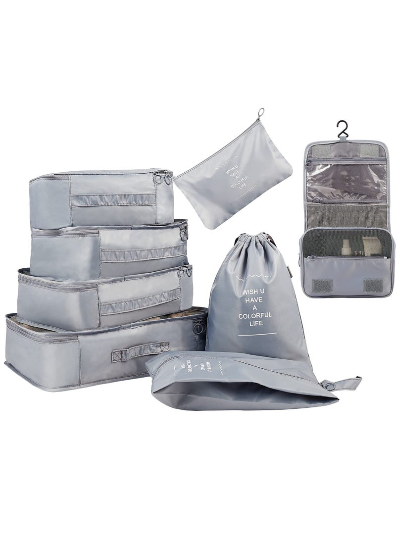 KASTWAVE Packing Cubes for Travel, 8 Pcs Travel Cubes for Suitcase Lightweight Travel Essential Bag with Large Toiletries Bag for Clothes Shoes Cosmetics Toiletries (Grey) - Image 1