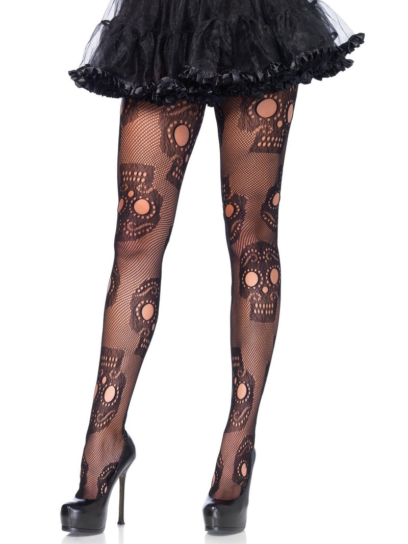 Leg Avenue Women's Skull Fishnet Tights, Sugar Skull, 1X-2X - Image 5