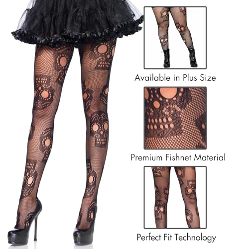 Leg Avenue Women's Skull Fishnet Tights, Sugar Skull, 1X-2X - Image 3