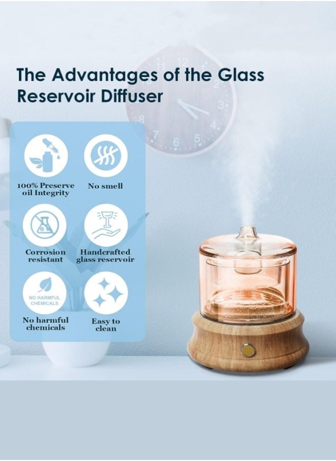 Glass Essential Oil Diffuser, 80ml, Plastic Free Mini Glass Jar, Natural Wood Base, Ultrasonic Cool Mist Aromatherapy Diffuser with Auto Shutoff