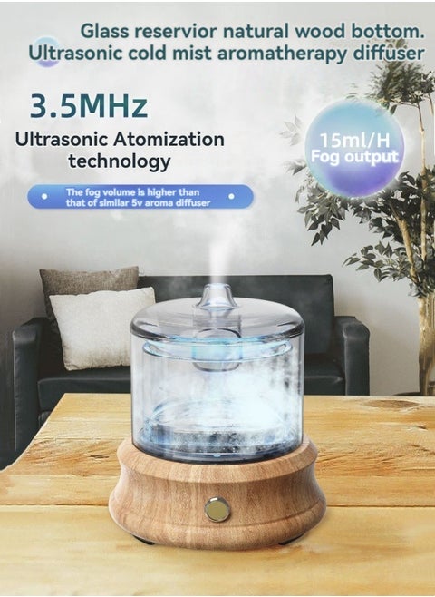 Glass Essential Oil Diffuser, 80ml, Plastic Free Mini Glass Jar, Natural Wood Base, Ultrasonic Cool Mist Aromatherapy Diffuser with Auto Shutoff