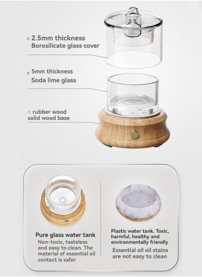 Glass Essential Oil Diffuser, 80ml, Plastic Free Mini Glass Jar, Natural Wood Base, Ultrasonic Cool Mist Aromatherapy Diffuser with Auto Shutoff