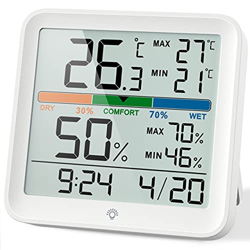 NOKLEAD Hygrometer Indoor Thermometer Digital Thermo-Hygrometer Temperature and Humidity Meter Room Climate Indicator with Calibration Touchable Night Light, Comfort Display MAX/MIN Data Sets - Image 1