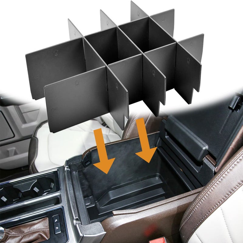 TACOBRO Center Console Organizer Dividers Compatible with 20152018 2019 2020 Ford F150 Accessories Black ABS Plastic Armrest Box Insert Secondary Storage Full Console wBucket Seats ONLY