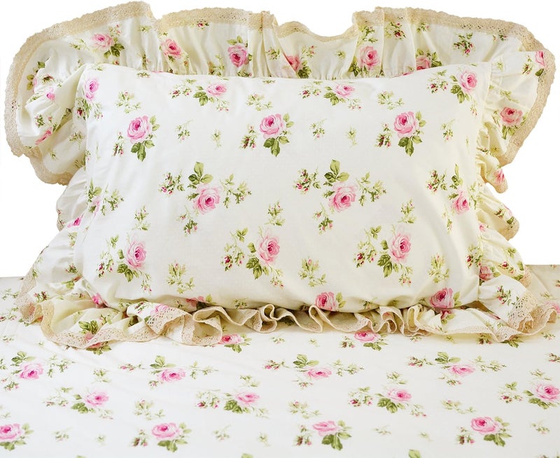 FADFAY طقم غطاء لحاف مزخرف بالورود مع دانتيل للأميرات مع حواف متموجة لطقم سرير للفتيات 3 قطع حجم توأم - Image 4