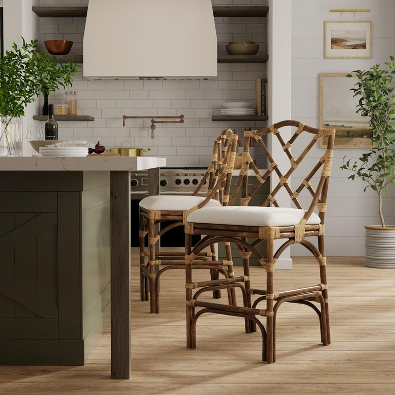 Kouboo Kouboo Chippendale Rattan Kitchen Counter Chair Chippendale Style Dining Chair Chair for Kitchen Island Seating Kitchen Furniture Antique Brown  OffWhite  - Image 2