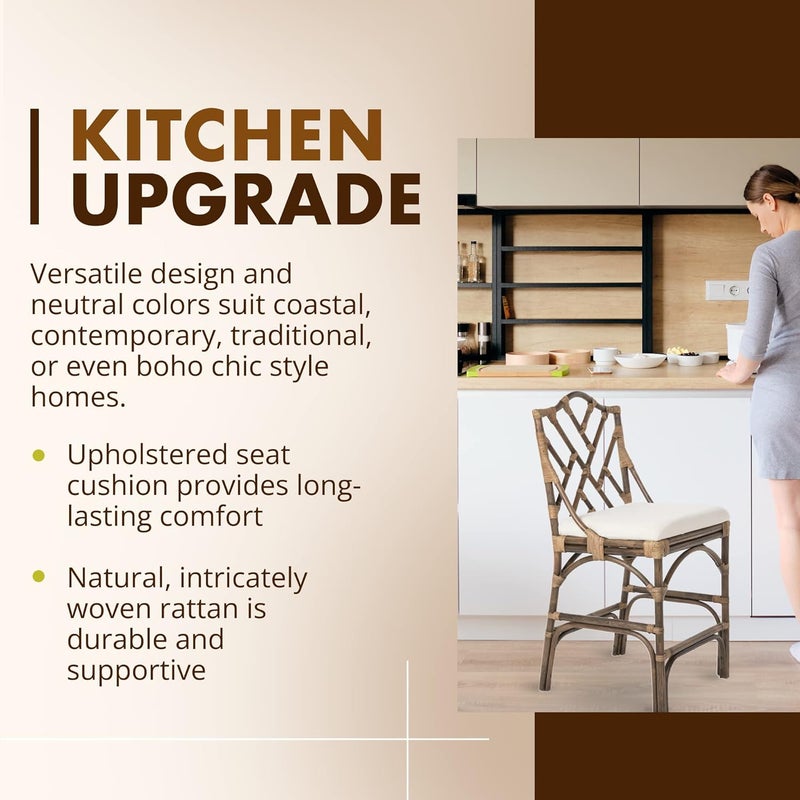 Kouboo Kouboo Chippendale Rattan Kitchen Counter Chair Chippendale Style Dining Chair Chair for Kitchen Island Seating Kitchen Furniture Antique Brown  OffWhite  - Image 5