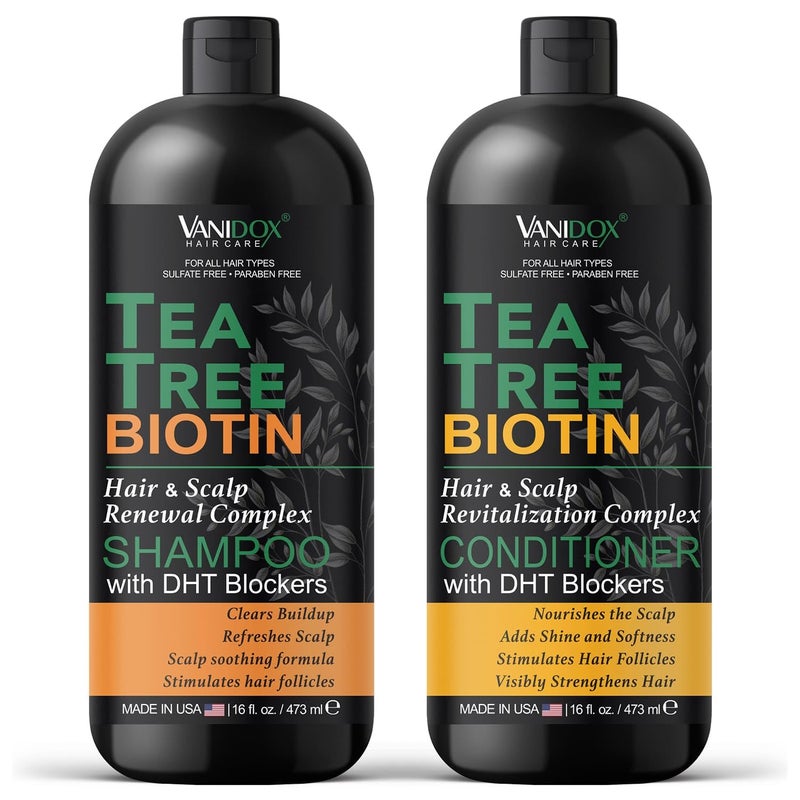 VANIDOX Tea Tree Shampoo and Conditioner Set with Biotin and 100% Pure Tea Tree Oil for Itchy and Dry Scalp - Sulfate and Paraben Free - Tea Tree Oil Shampoo and Conditioner - 16 fl. oz. Each