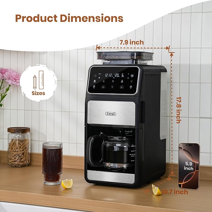 Gevi 10 Cup Drip Coffee Maker with Built-in Grinder, Grind  Brew Burr Combo Coffee Machine with Touch Screen, Programmable, 4-Hour Warm Plate, Permanent Filter, Coffee Carafe - Image 2