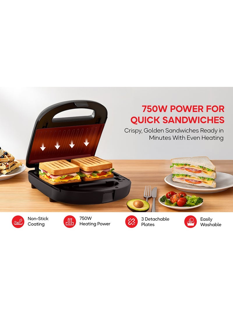 Russell Hobbs 3in1 Sandwich Maker, 3 Removable Plates, Waffle, Panini, Sandwich - 750 W SWM101 Silver - Image 5