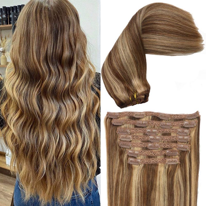 Eufficco Human Hair Lace Clip In Hair Extensions Thick Ends Highlights Piano Color Chocolate BrownStrawberry Blonde 14inch 100g Remy Hair Extensions Silky Soft Lace Backed Clip Ins