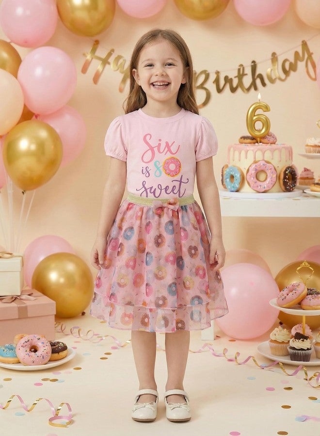 KEKEMI Toddler Girl Birthday Outfits Six is So Sweet Birthday Donuts Print Shirt B-Day Tutu Skirt Set Cake Smash Outfit(Pink,6T) - Image 2