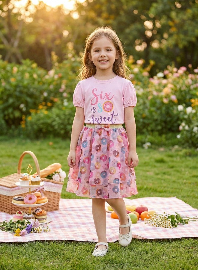 KEKEMI Toddler Girl Birthday Outfits Six is So Sweet Birthday Donuts Print Shirt B-Day Tutu Skirt Set Cake Smash Outfit(Pink,6T) - Image 3