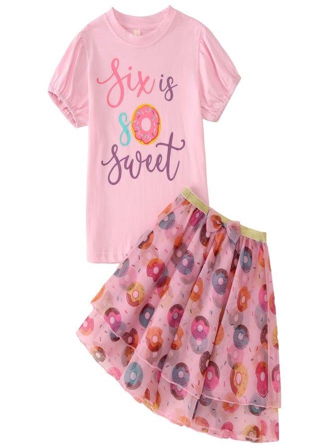 KEKEMI Toddler Girl Birthday Outfits Six is So Sweet Birthday Donuts Print Shirt B-Day Tutu Skirt Set Cake Smash Outfit(Pink,6T) - Image 1