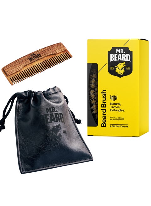 Grooming Essentials Kit + Beard Brush + Comb + Linen Pouch