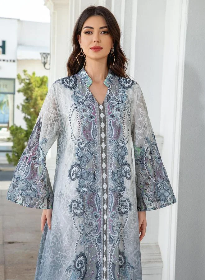 Take Two Take Two Printed Embroidery Detail Long Sleeve Jalabiya
