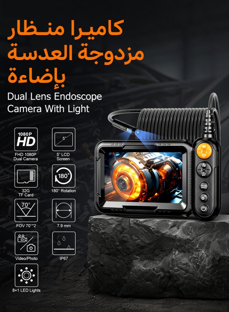 Dual Lens Industrial Borescope with 5" IPS Screen, 1080P HD Snake Inspection Camera, IP67 Waterproof Flexible Cable, LED Light, Type-C, Pipe Auto Engine Wall HVAC Inspection Tool - Image 2