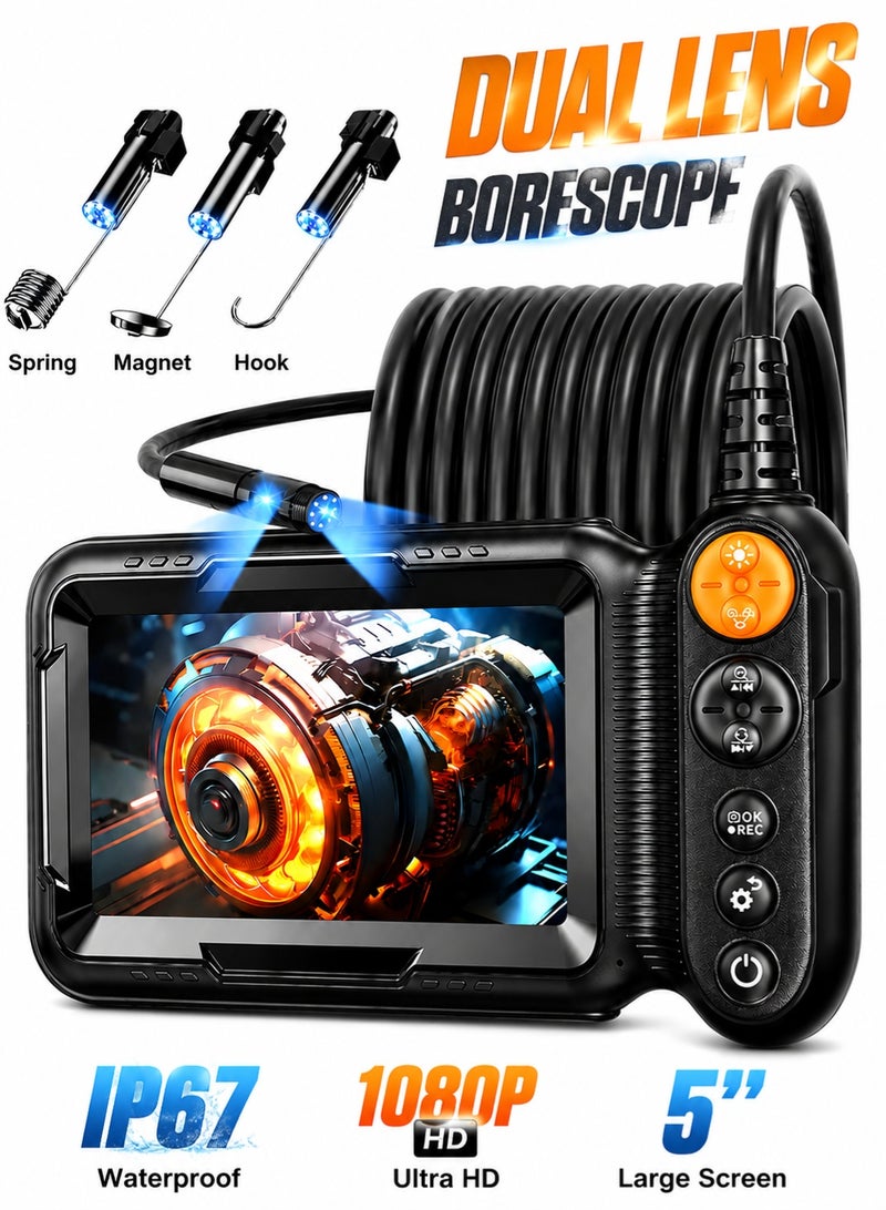 Soumit Dual Lens Industrial Borescope with 5" IPS Screen, 1080P HD Snake Inspection Camera, IP67 Waterproof Flexible Cable, LED Light, Type-C, Pipe Auto Engine Wall HVAC Inspection Tool - Image 1