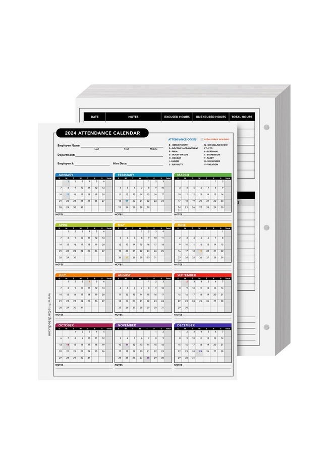 S Superfine Printing 2024 Attendance Calendar Card Stock Paper Great Employee Work Tracker Bright & Colorful Printed On Durable & Thick 80Lb Cover (216Gsm) Cardstock 3 Hole Punched 8.5 X 11 25 Sheets Per Pack  - Image 1