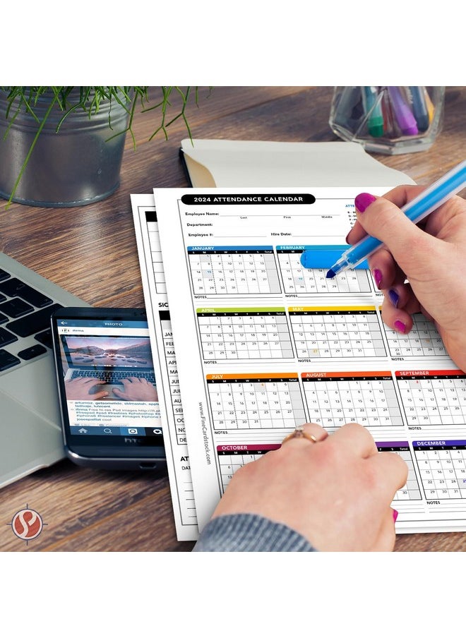 S Superfine Printing 2024 Attendance Calendar Card Stock Paper Great Employee Work Tracker Bright & Colorful Printed On Durable & Thick 80Lb Cover (216Gsm) Cardstock 3 Hole Punched 8.5 X 11 25 Sheets Per Pack  - Image 3