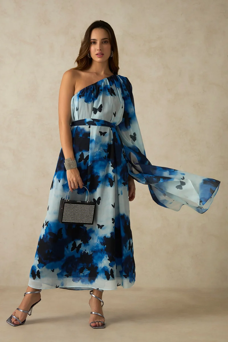 فيرجيو Georgette One Party Wear Shoulder Maxi Dresses for Women
