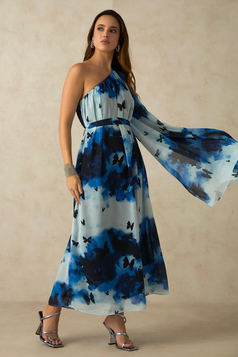 فيرجيو Georgette One Party Wear Shoulder Maxi Dresses for Women