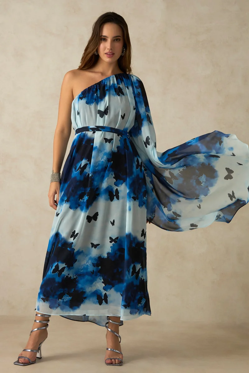 فيرجيو Georgette One Party Wear Shoulder Maxi Dresses for Women