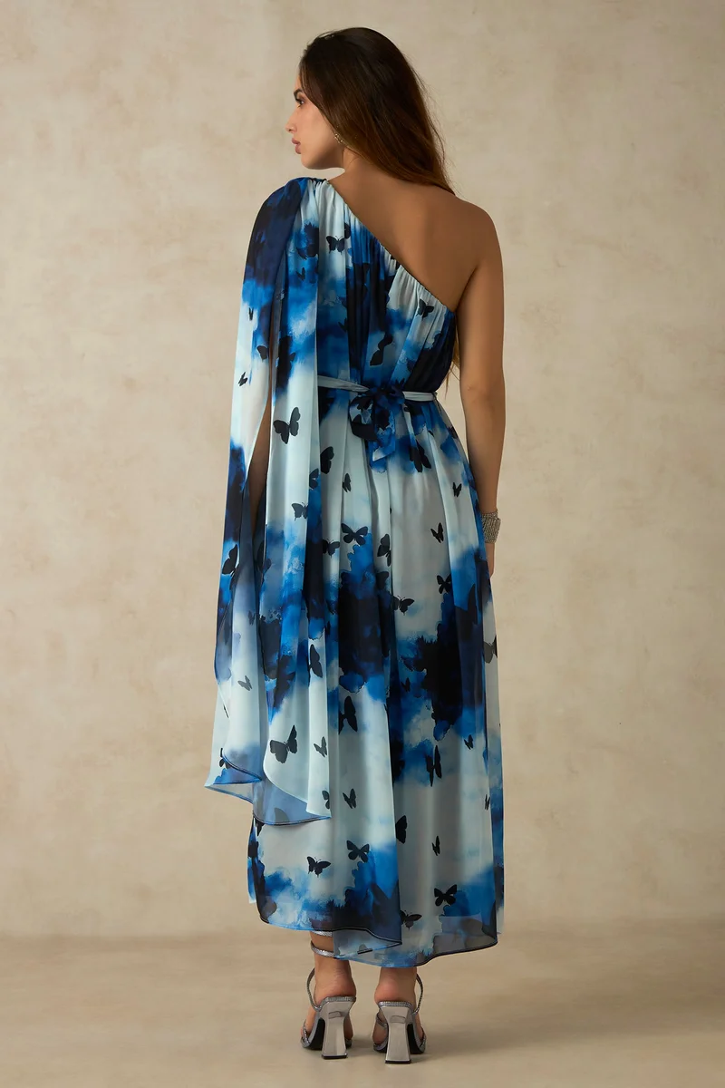 فيرجيو Georgette One Party Wear Shoulder Maxi Dresses for Women