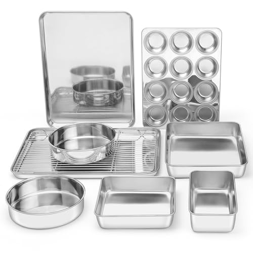 E-far Efar 9Piece Baking Pan Set Stainless Steel Bakeware Sets for Sheet Cake Cookie Loaf Muffin Include Baking Sheet Round Square Rectangle Baking Pan Cooling Rack Dishwasher Safe - Image 1