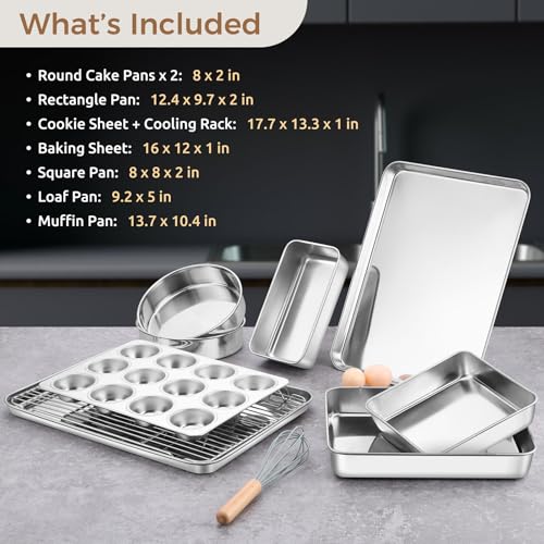 E-far Efar 9Piece Baking Pan Set Stainless Steel Bakeware Sets for Sheet Cake Cookie Loaf Muffin Include Baking Sheet Round Square Rectangle Baking Pan Cooling Rack Dishwasher Safe - Image 3