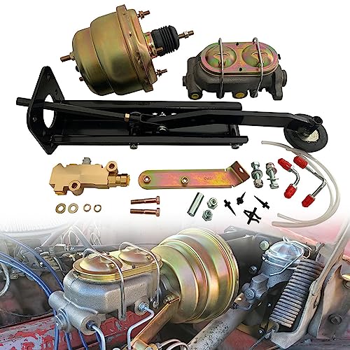 iiLentes 7" Universal Dual Power Brake Booster Kit with 1" Bore GM Cast Iron Master Cylinder-Pedal Firewall Mount Assy Bracket Kit and PV4 Proportioning Valve Kit-Master Prop DISC/DISC - Image 1