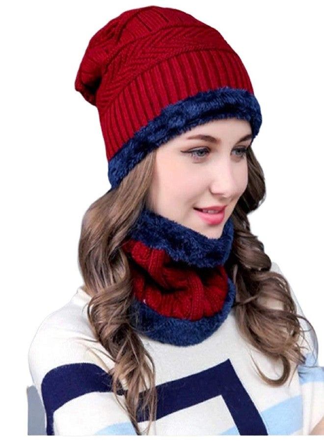 Malvina 2Pcs Girl's Winter Knitted Hats+ Scarf Set|Warm Fleece Lining Cap with Neckwarmer (Red, Freesize) - Image 3