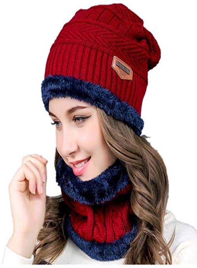 Malvina 2Pcs Girl's Winter Knitted Hats+ Scarf Set|Warm Fleece Lining Cap with Neckwarmer (Red, Freesize) - Image 1