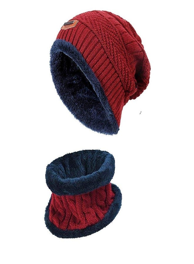 Malvina 2Pcs Girl's Winter Knitted Hats+ Scarf Set|Warm Fleece Lining Cap with Neckwarmer (Red, Freesize) - Image 2