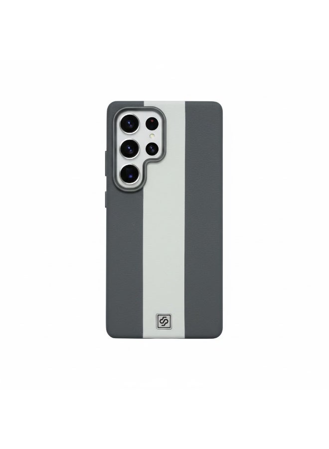 جراب مغناطيسي فاخر من الجلد ثنائي اللون لهاتف Samsung S25 Ultra باللونين الرمادي والأبيض مع أزرار معدنية فاخرة وغطاء عالي الجودة